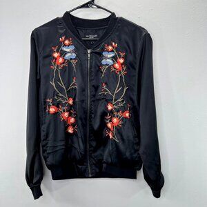 Walter Baker Embroidered Satin Bomber Jacket L Black Butterflies Floral Full Zip